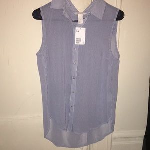 Navy and white striped sleeveless blouse